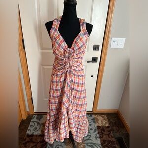 Free People Rainbow Dreams plaid high low halter v neck maxi dress. Size 0